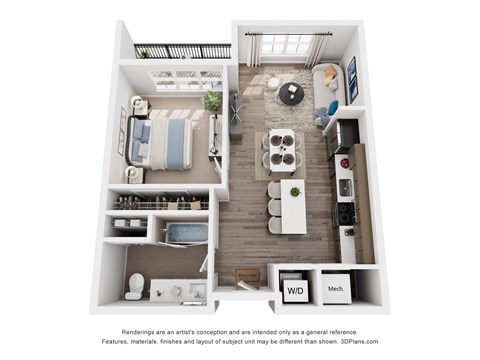 Floor plan for 1 bed, 1 bath, 701 sqft